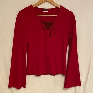 Vintage Cherry Red Shirt from Brown Lace-Up Front and Flare Sleeves